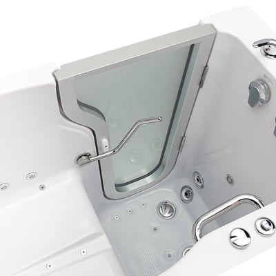 Close-up of Ella walk-in tub outward swing door with chrome handle, jets, grab bar, and anti-slip floor texture