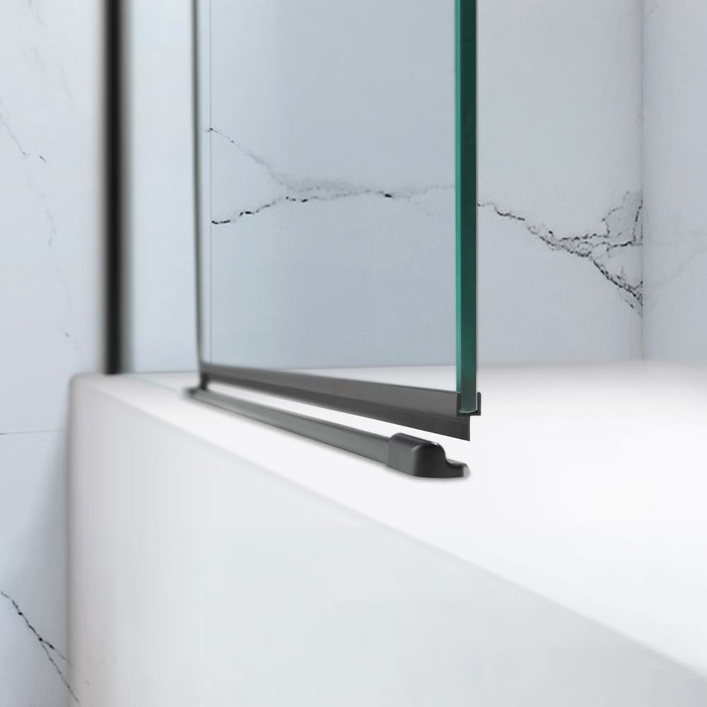 Close-up of the matte black bottom track and clear glass panel on the Ella Tidy frameless bi-fold tub door