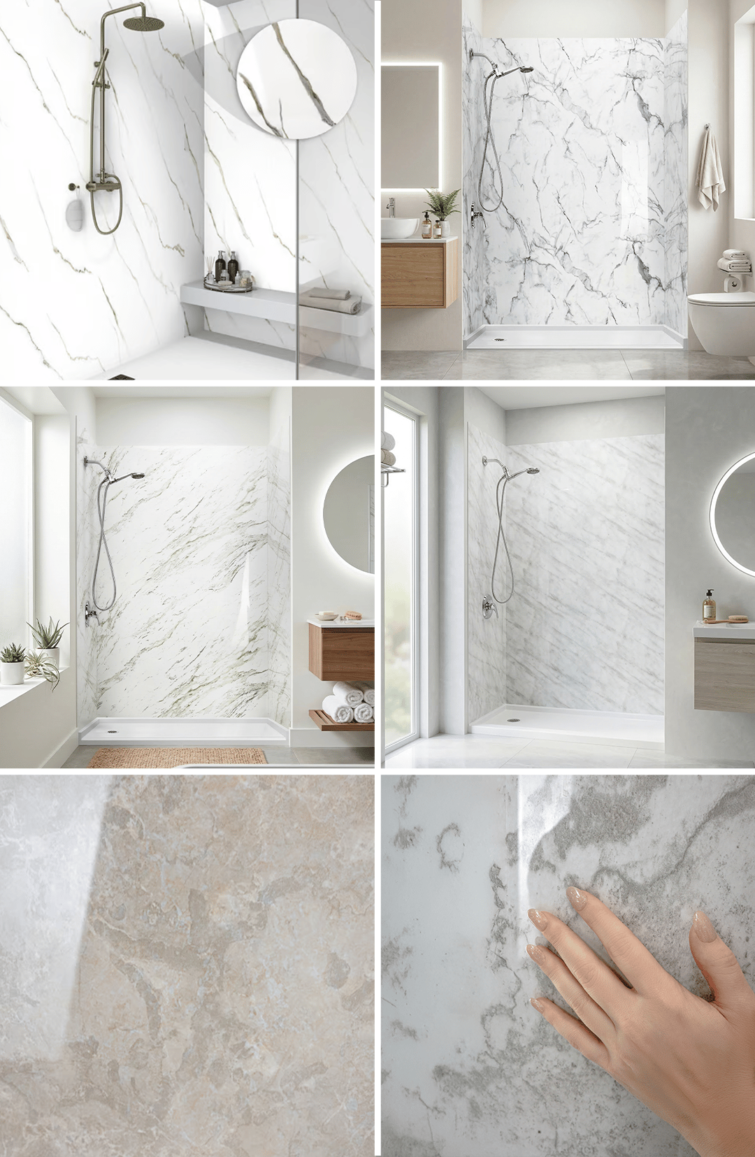 Collage of Ella's Bubbles marble-look acrylic shower wall panels in multiple bathroom settings with texture close-ups