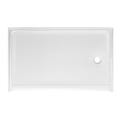 Receveur de douche accessible en fauteuil roulant en acrylique blanc avec sol texturé antidérapant et orifice d'évacuation côté droit