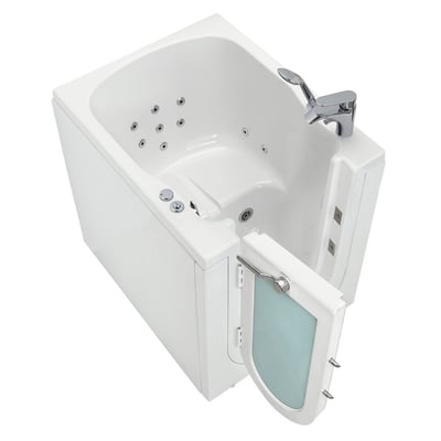Vue en plongée de la baignoire à porte Ella à entrée frontale avec porte battante vers l’extérieur en verre ouverte, montrant les jets d’hydrothérapie et le robinet chromé