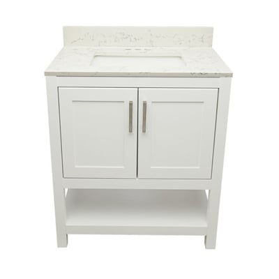 Meuble sous-vasque simple Taos avec plan en marbre reconstitué ou en pierre de quartz -