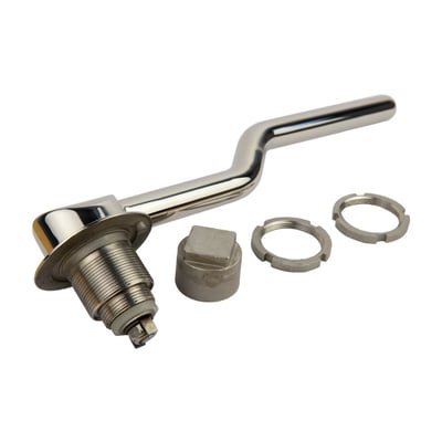 Chrome lever door handle kit for walk-in tub with threaded stem, locking nut, and mounting hardware components