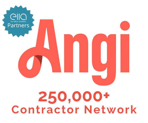 Ella's Bubbles partners badge with the Angi logo highlighting a nationwide contractor network for walk-in tub installation