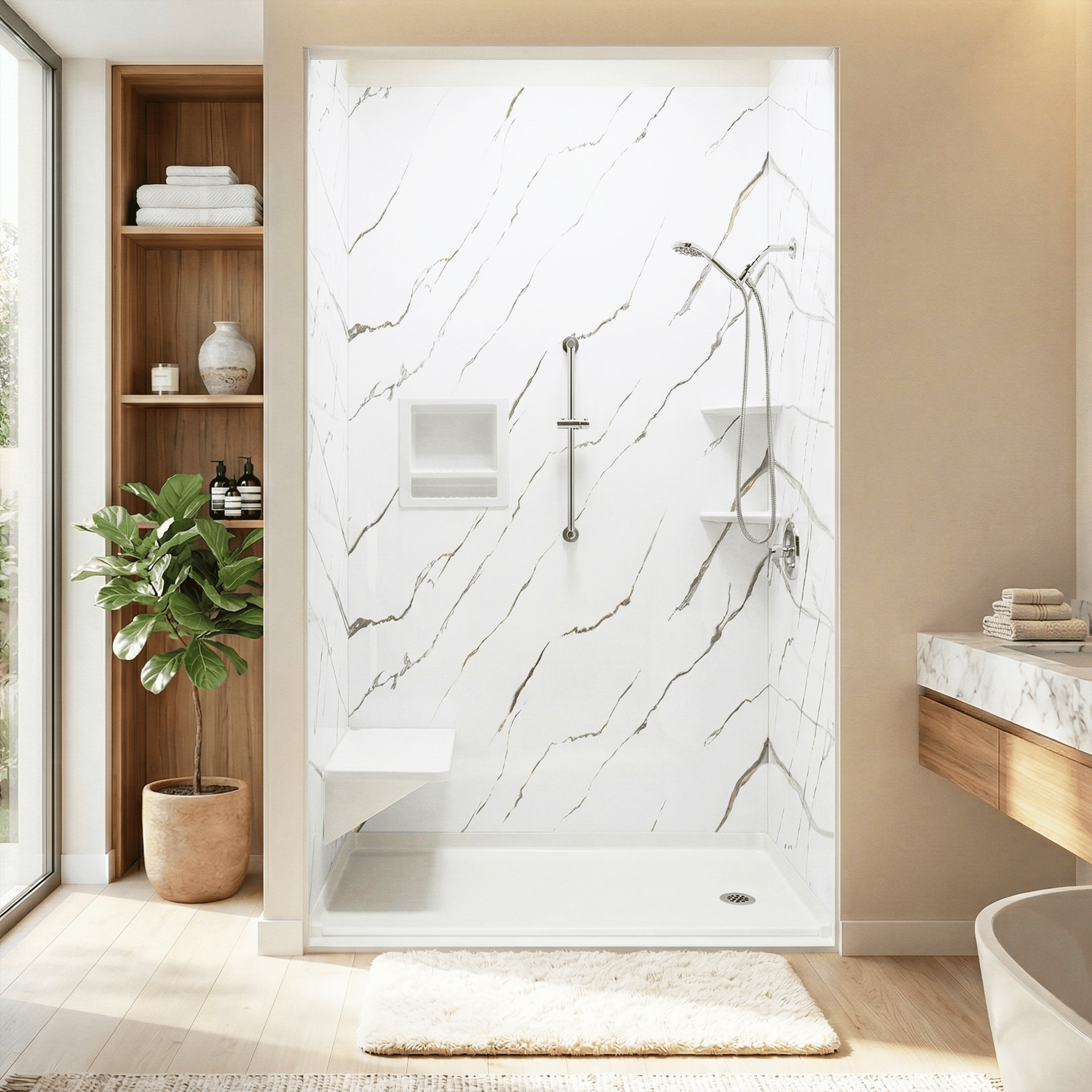 Accessible walk-in shower stall with marble-look walls, chrome grab bar, handheld showerhead, built-in bench, and recessed niche shelf