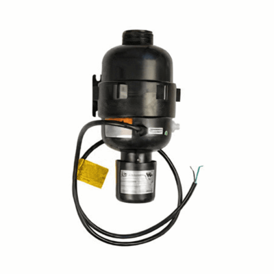 Black air blower motor unit with electrical wiring and certification label for walk-in tub hydrotherapy system