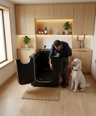Hombre abriendo la puerta de una bañera con puerta PetSpa de Ella's Bubbles para peluquería canina junto a un caniche blanco en una moderna sala de lavado de mascotas