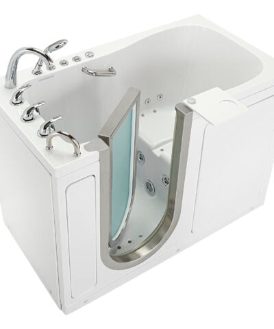 Baignoire à porte Ella Deluxe blanche avec porte battante intérieure en acier inoxydable, robinetterie chromée et jets d'hydromassage
