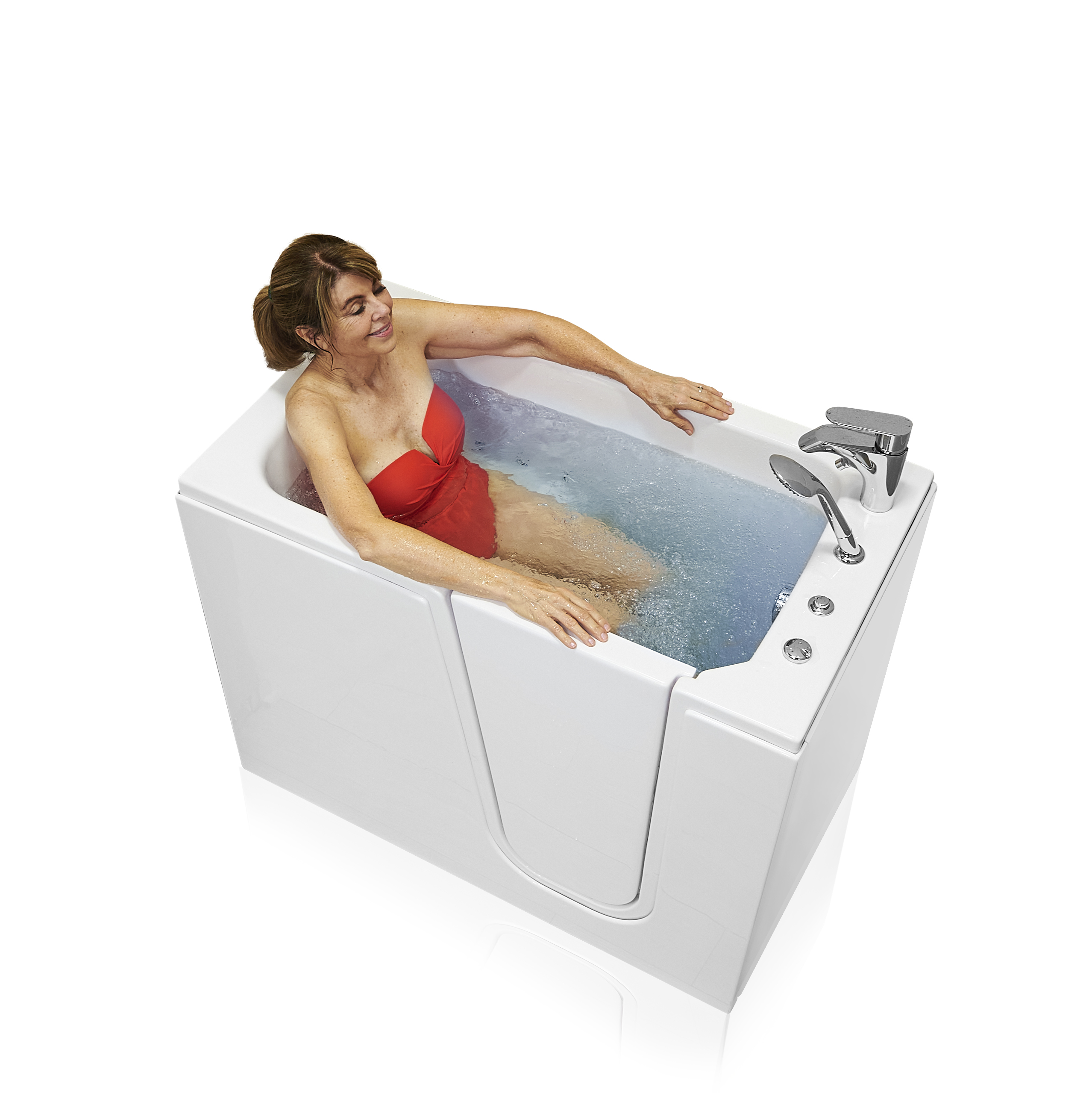 Bañera de hidromasaje Ella Flow 28″x48″ acrílica con hidromasaje - Ella flow walk in tub ellas bubbles tub with door hydro jets R - Woman in red swimsuit relaxing in Ella Flow white walk-in tub with hydro jets and side entry door