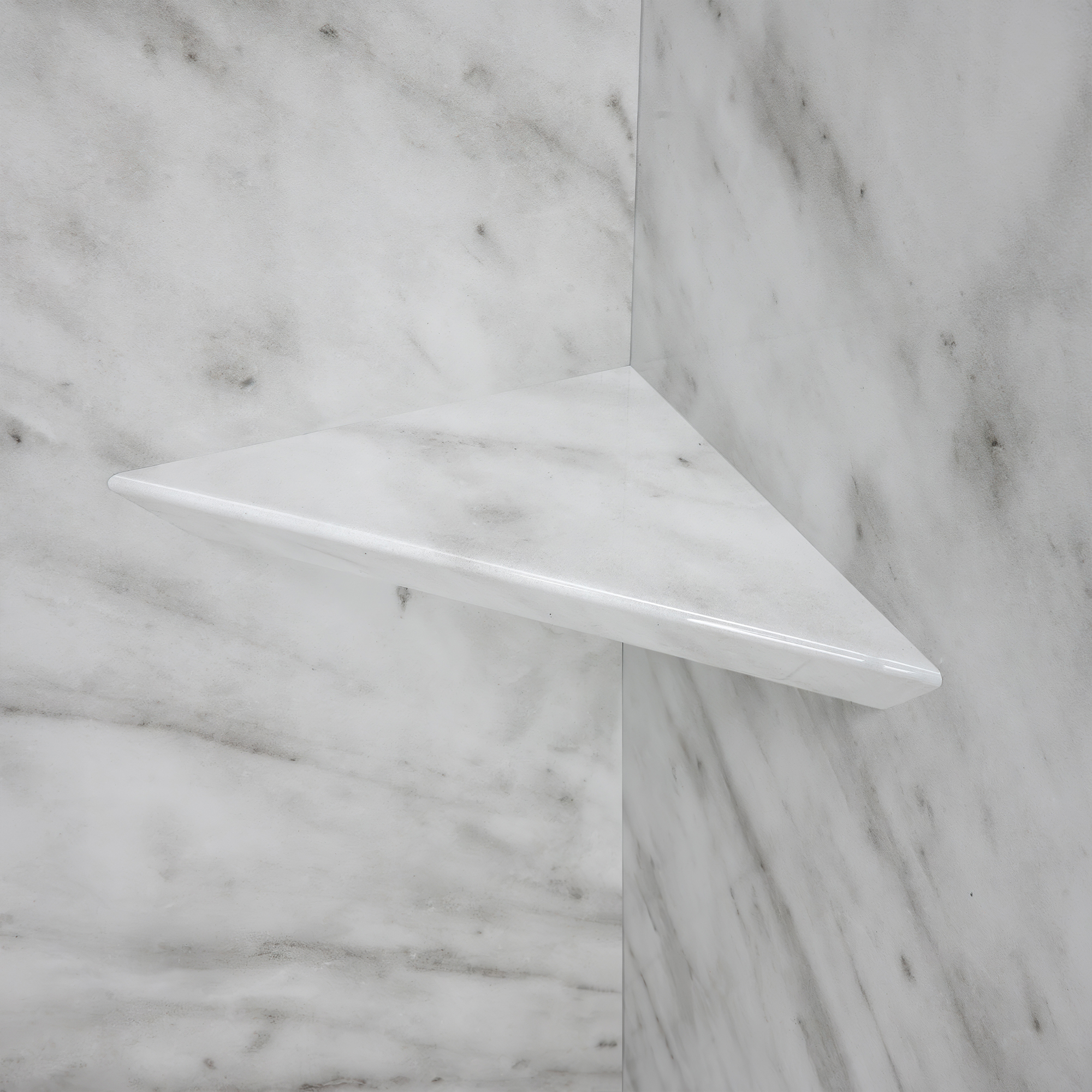 Carrara Marble Walk-In Tub Surround Wall Kit 36.5" x 48" x 60" - %3E - Close-up of a triangular Carrara marble corner shelf mounted on marble shower stall walls for accessible bathing storage
