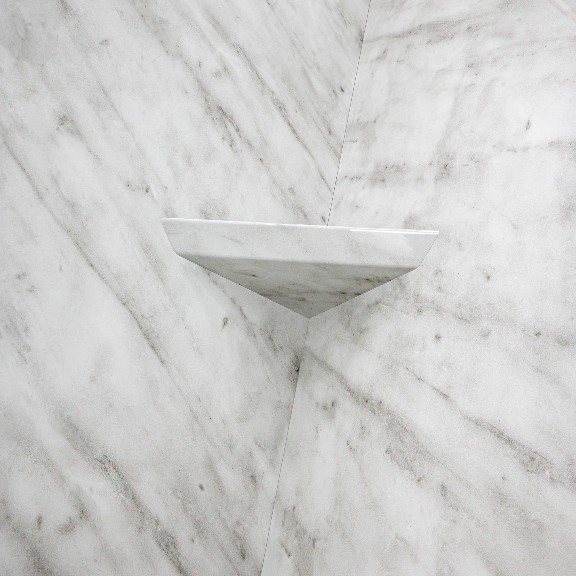 Carrara Marble Walk-In Tub Surround Wall Kit 36.5" x 48" x 60" - %3E - Close-up of a Carrara marble acrylic corner shelf installed in a walk-in shower with matching marble-patterned surround walls