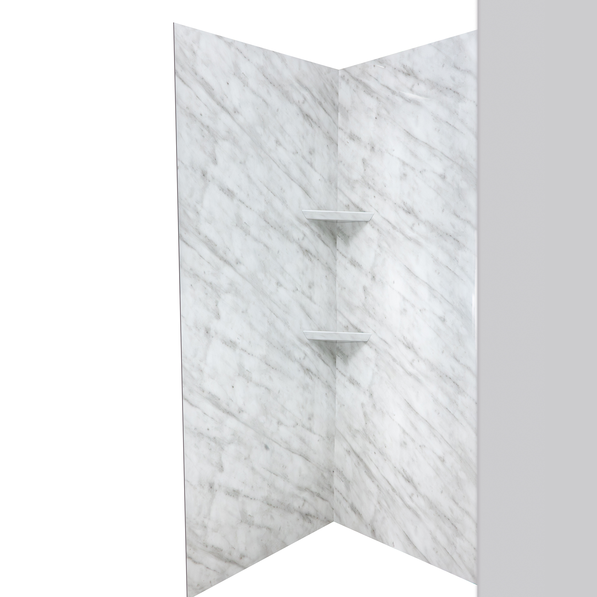 Carrara Marble Walk-In Tub Surround Wall Kit 36.5" x 48" x 60" - %3E - Carrara marble shower wall panels with two built-in corner shelves for accessible bathroom shampoo storage