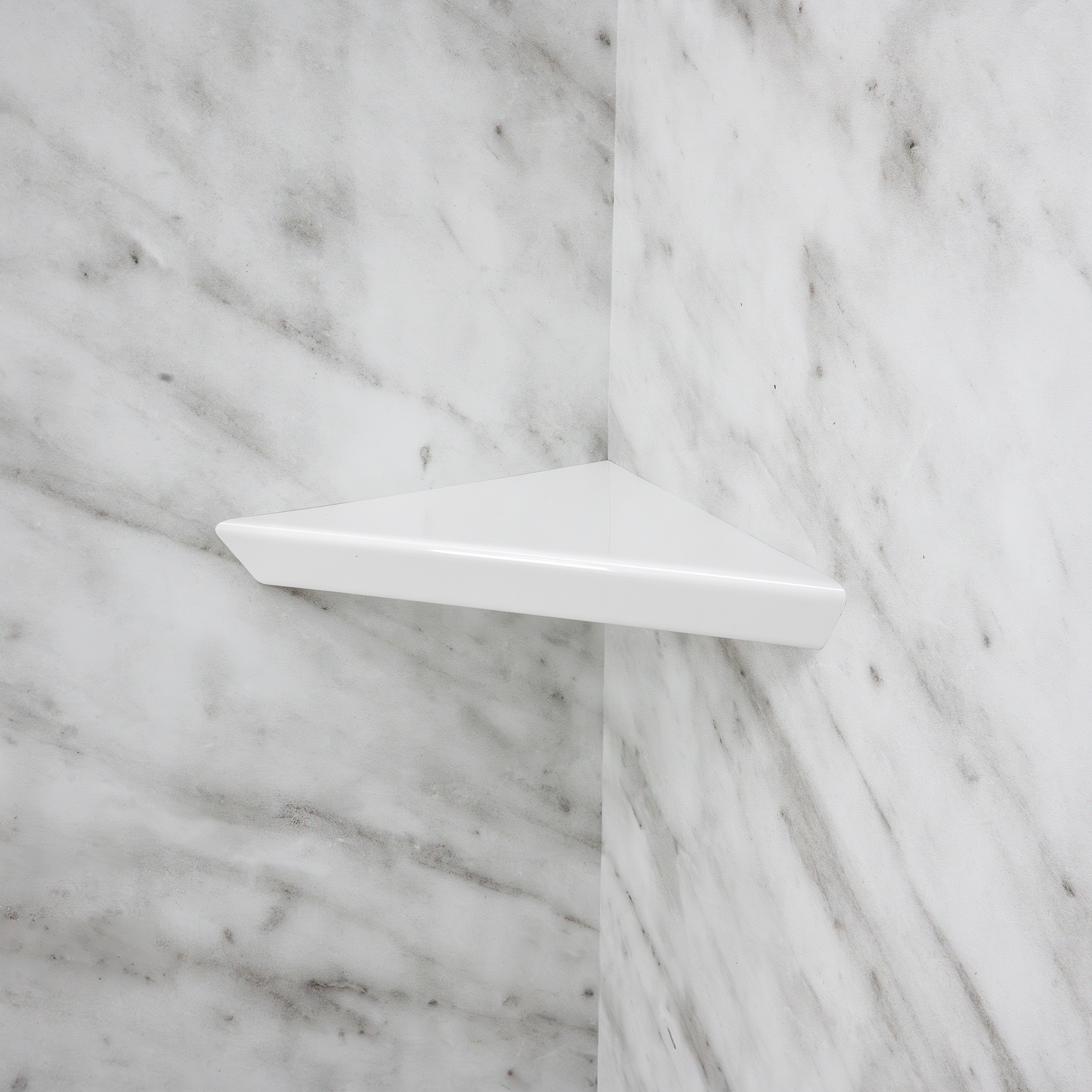 Carrara Marble Walk-In Tub Surround Wall Kit 36.5" x 48" x 60" - %3E - White triangular corner shower shelf mounted on Carrara marble shower walls - accessible storage add-on for walk-in showers
