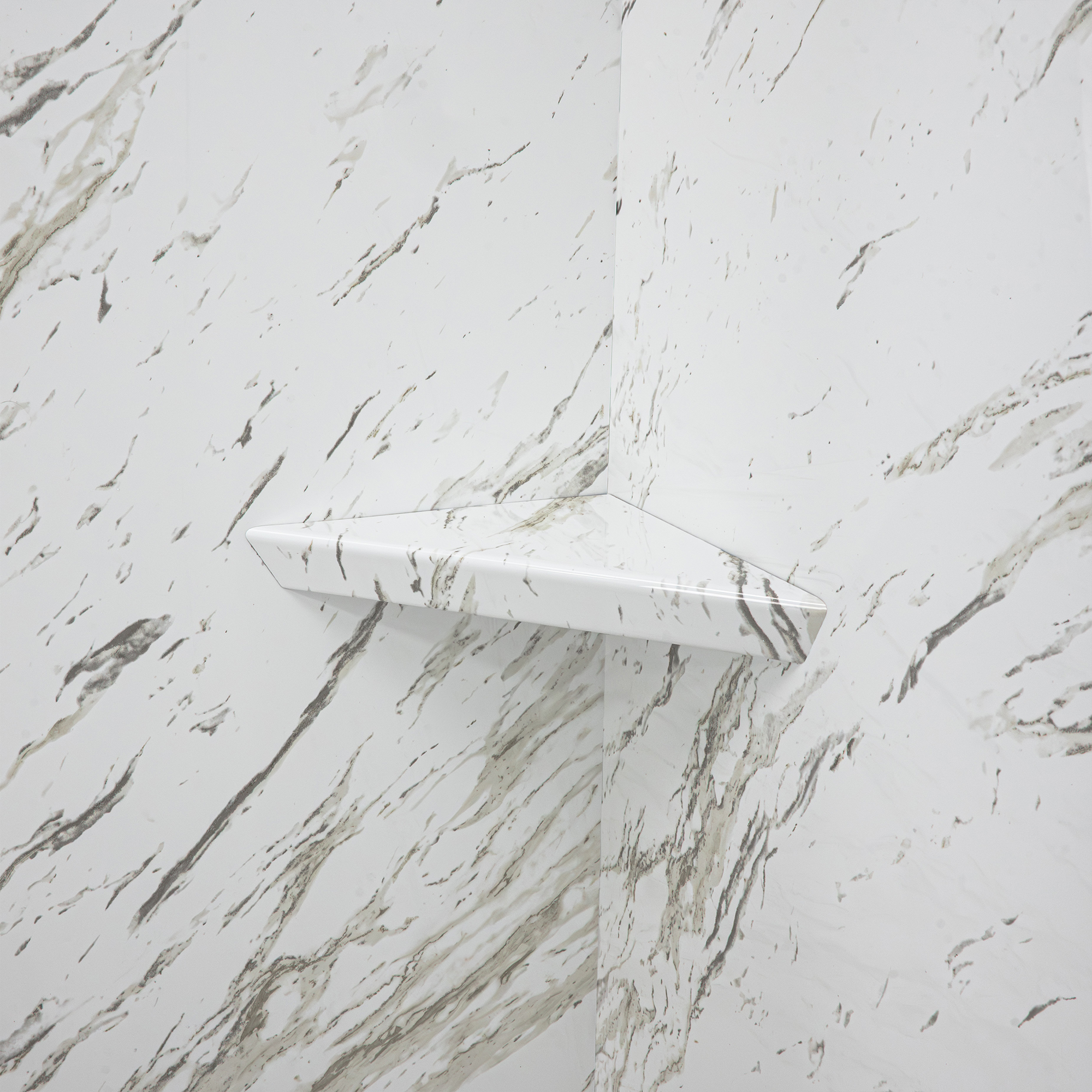 Heritage Calacatta Walk-In Tub Surround Wall Kit 36.5" x 48" x 60" - %3E - Close-up of a triangular Heritage Calacatta corner shower shelf mounted on matching marble-look wall panels