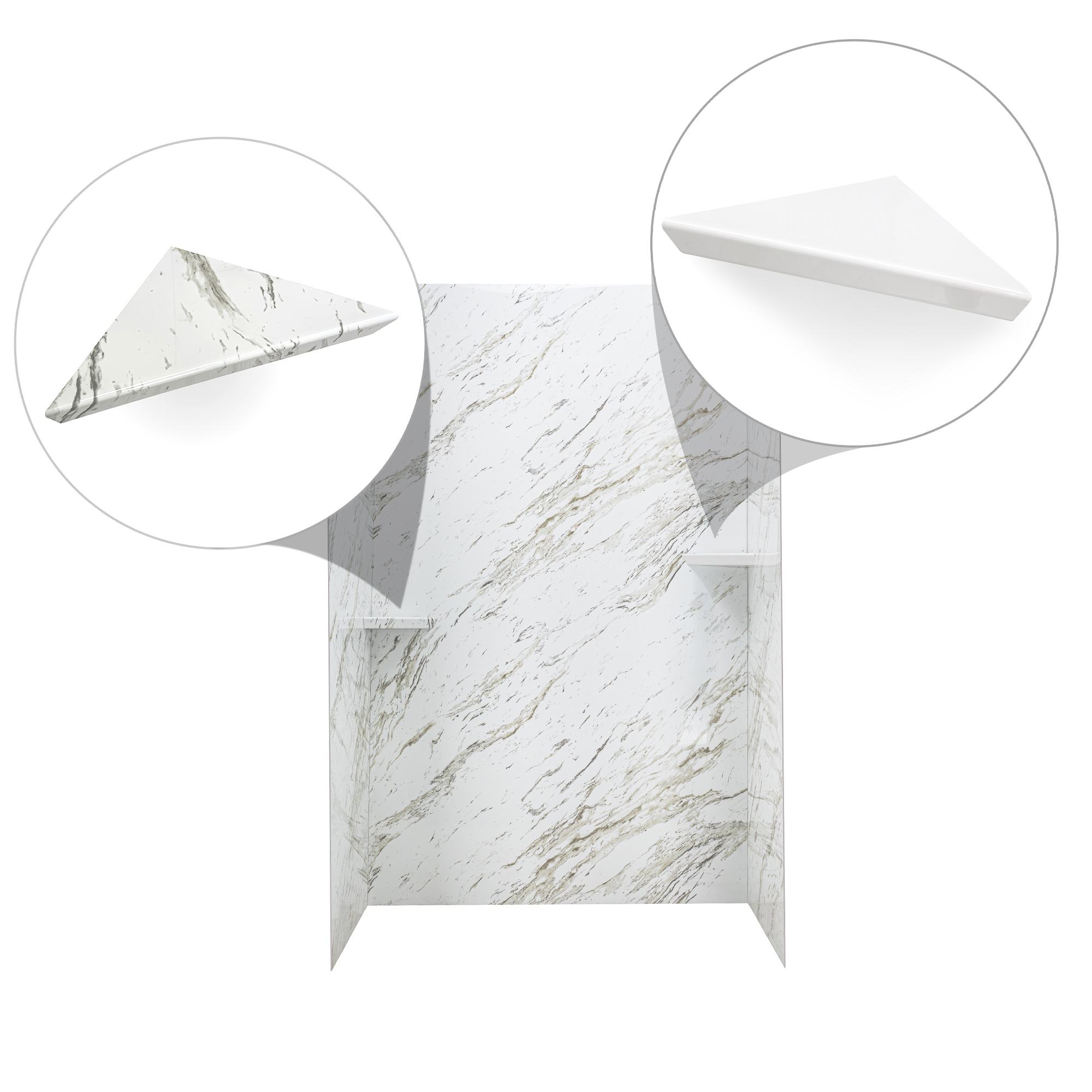 Heritage Calacatta Walk-In Tub Surround Wall Kit 36.5" x 48" x 60" - %3E - Ella's Bubbles Heritage Calacatta shower wall surround with matching marble and white corner shelf options highlighted