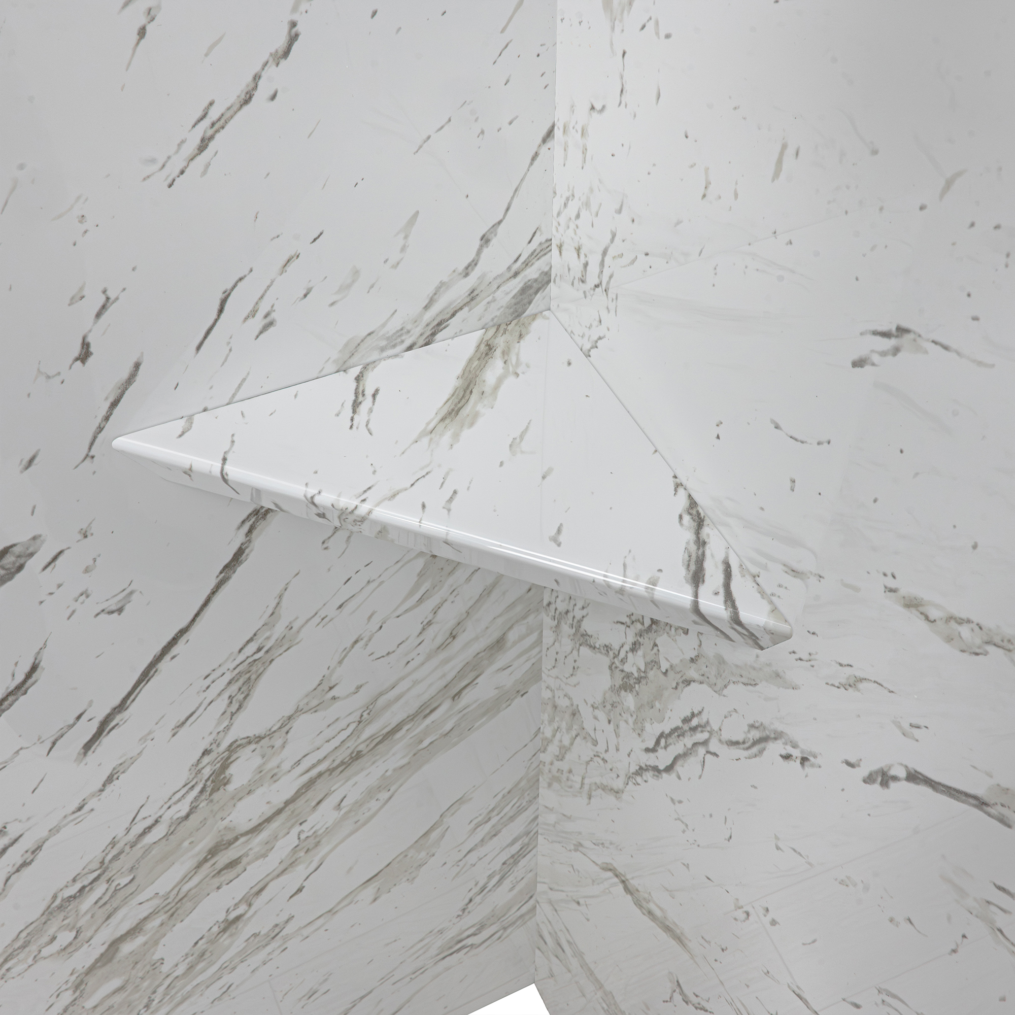 Heritage Calacatta Walk-In Tub Surround Wall Kit 36.5" x 48" x 60" - %3E - Close-up of a triangular corner shower shelf with Calacatta marble pattern-matched surround walls in an accessible shower stall