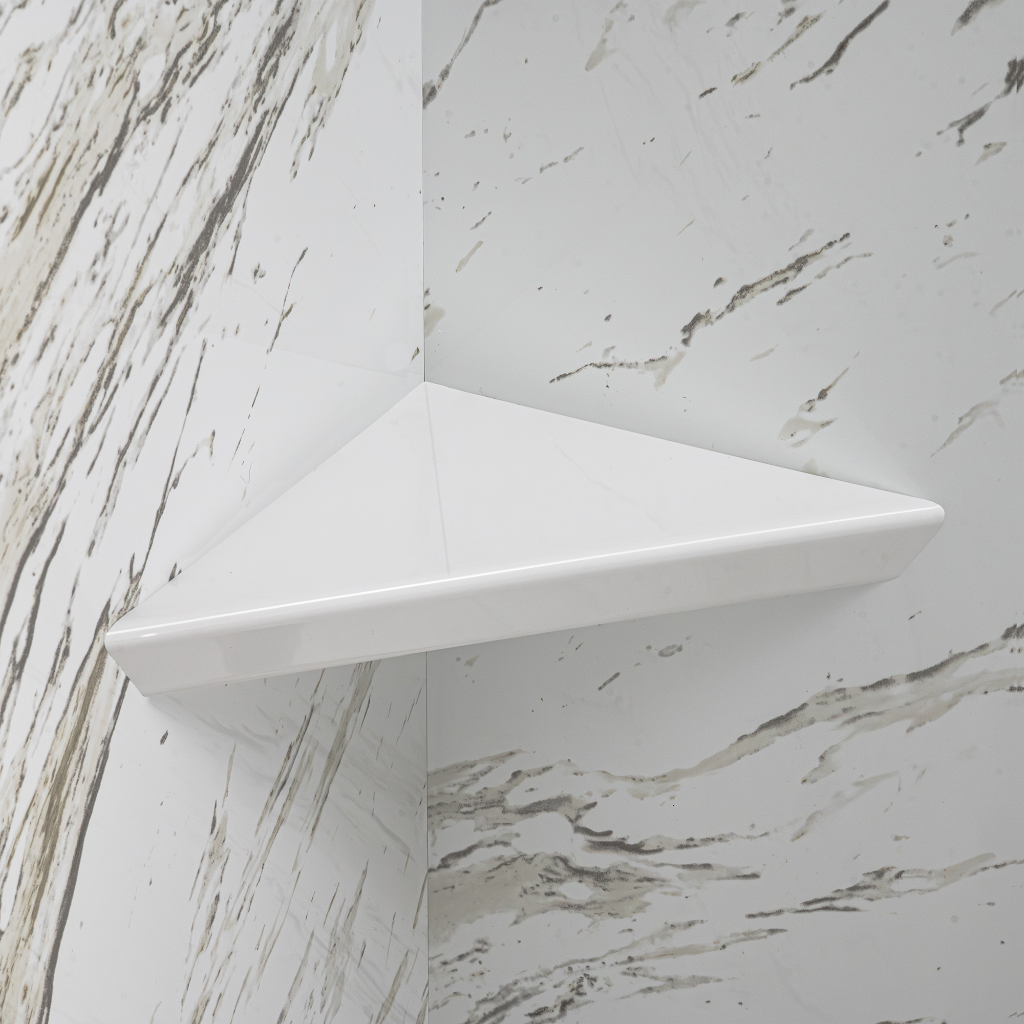 Heritage Calacatta Walk-In Tub Surround Wall Kit 36.5" x 48" x 60" - %3E - White triangular corner shower shelf mounted on Heritage Calacatta marble-look accessible shower stall walls