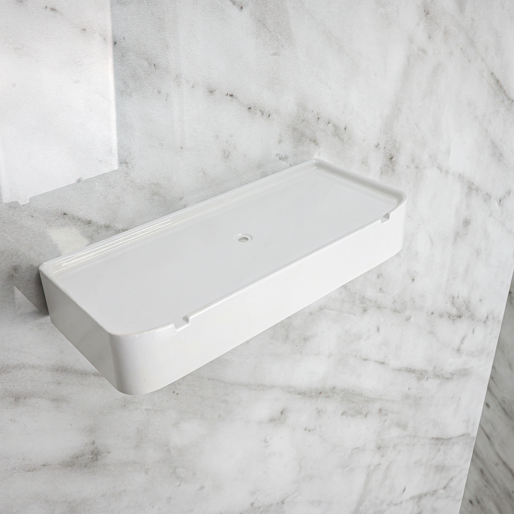 Carrara Marble Walk-In Tub Surround Wall Kit 36.5" x 48" x 60" - %3E - White acrylic soap dish accessory mounted on Carrara marble shower wall panel in an accessible shower stall