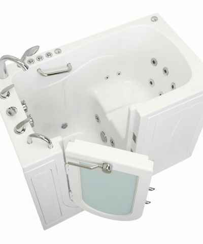 Ella Capri walk-in tub with open outward swing door, hydro jets, grab bars, and handheld showerhead on white background