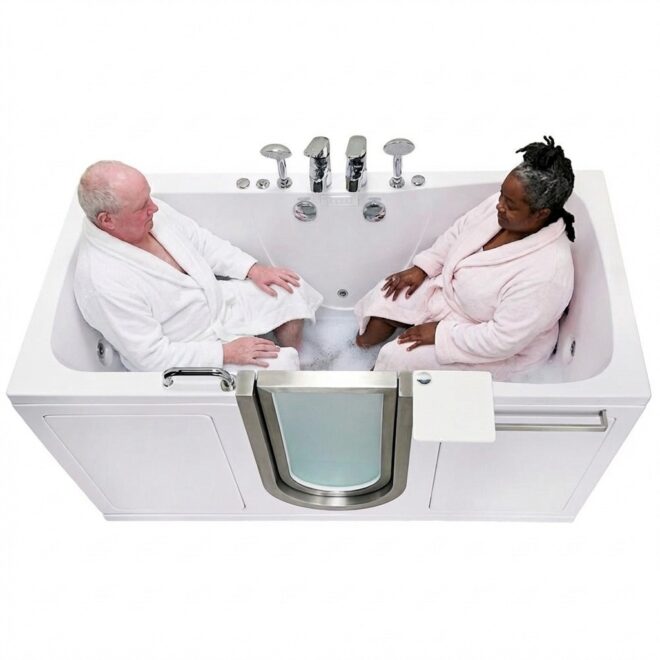 Two people in bathrobes sitting in the Ella's Bubbles two-seat walk-in tub with jet system