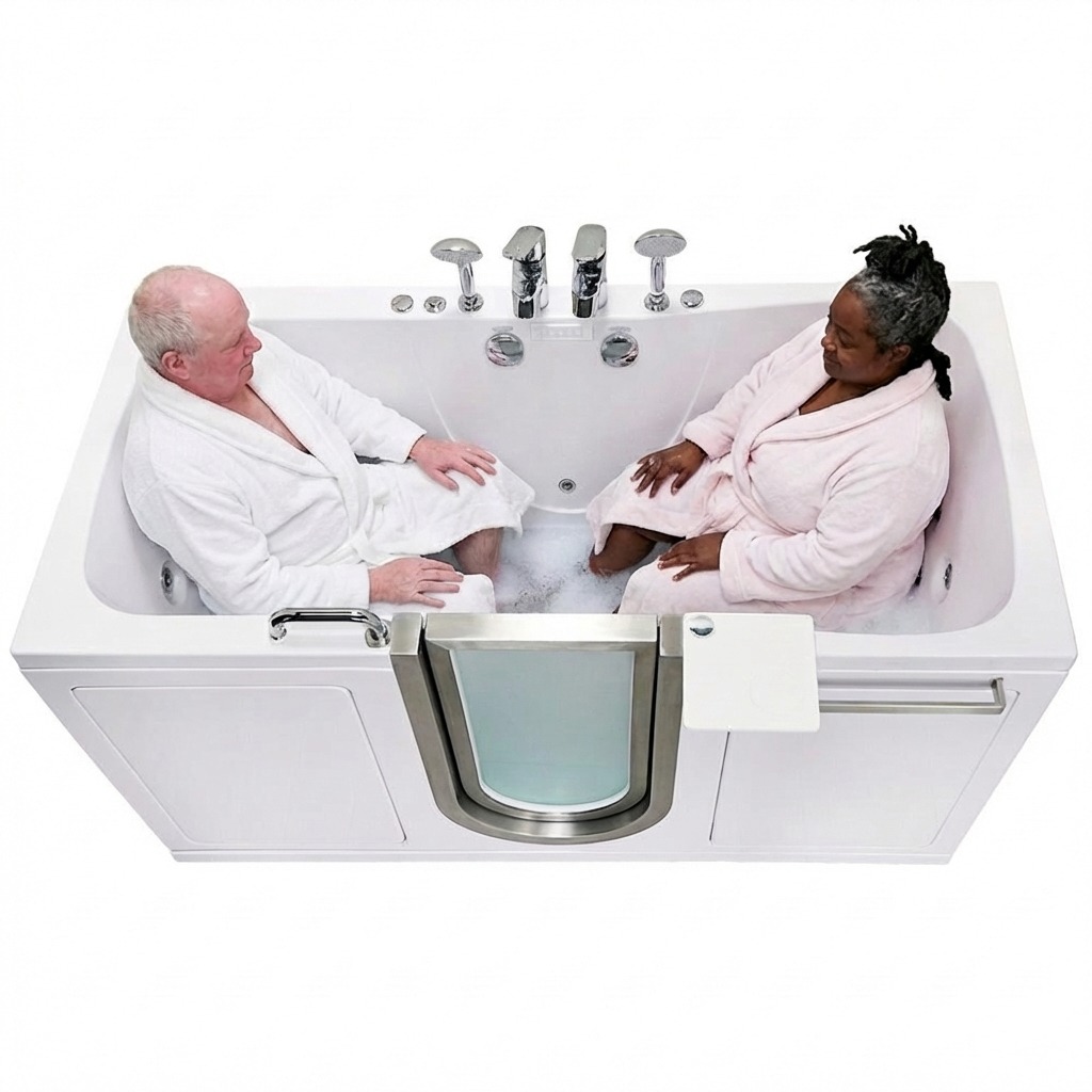 Two people in bathrobes sitting in the Ella's Bubbles two-seat walk-in tub with jet system