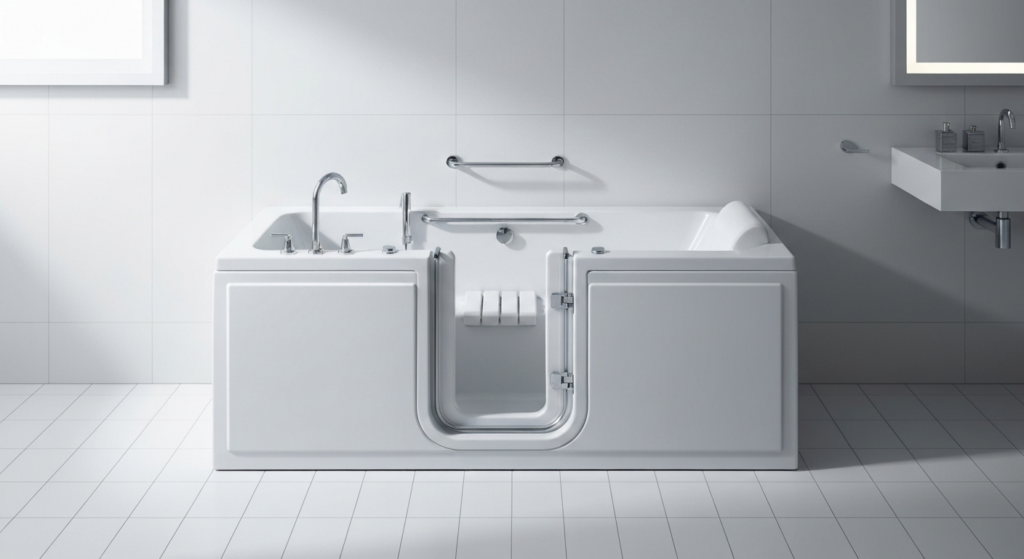 Modern white walk-in tub for all ages.