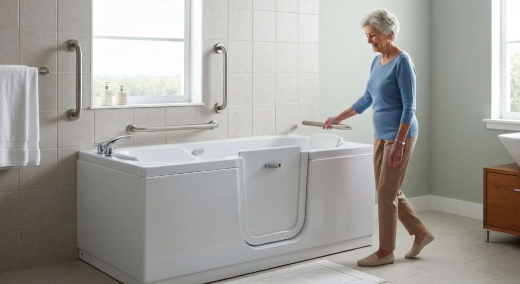 Senior woman easily entering a walk-in tub, a clear sign you need a walk-in tub for safety.