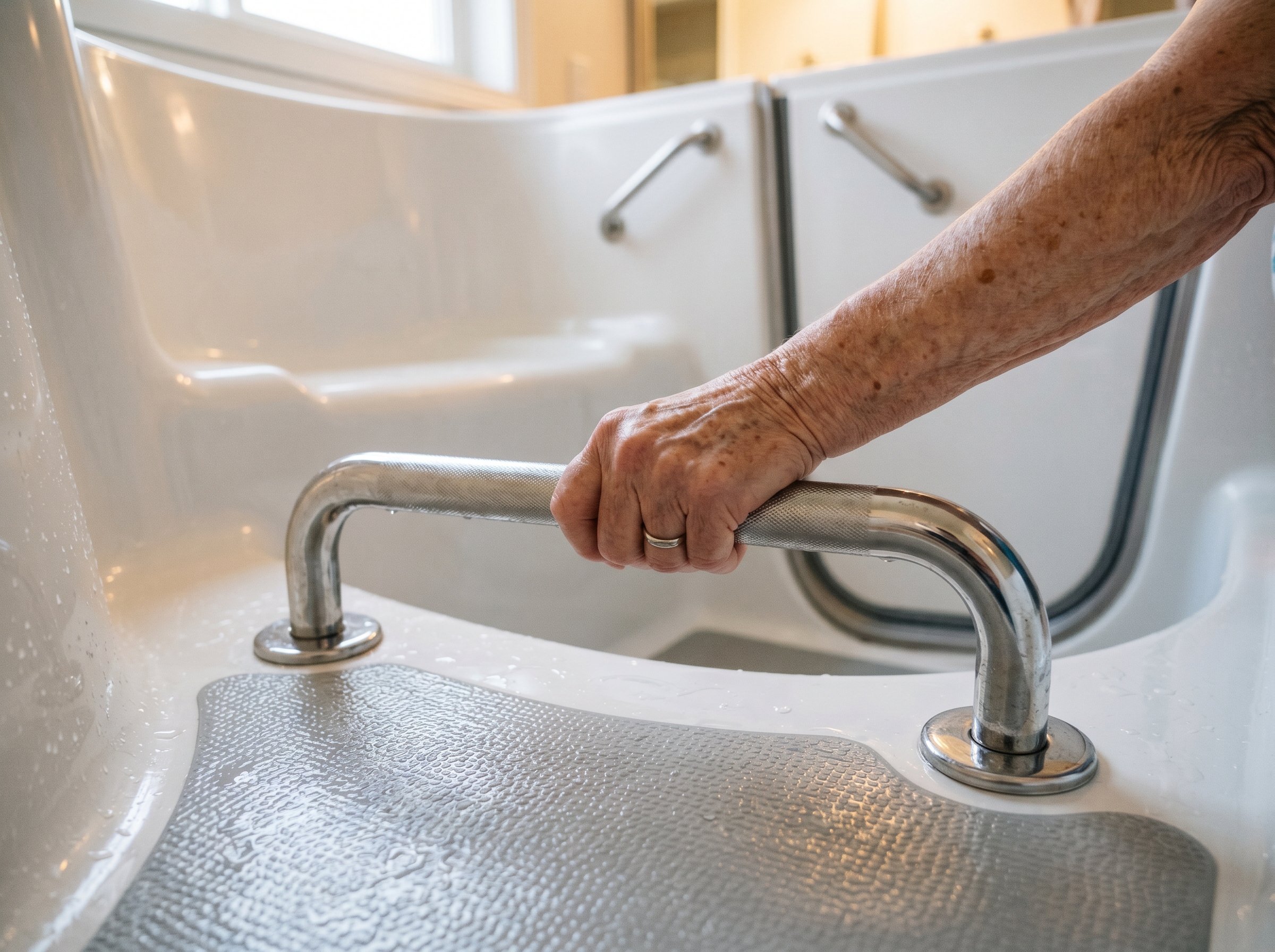 Walk-In Tubs for Seniors: Hand gripping grab bar for safety