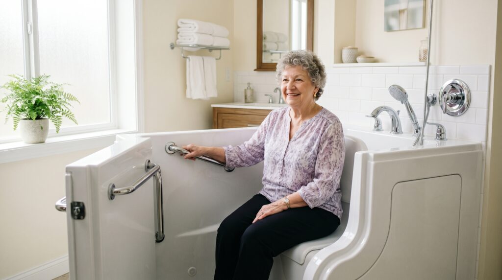 Walk-In Tubs for Seniors: Elderly woman enjoying a safe walk-in tub