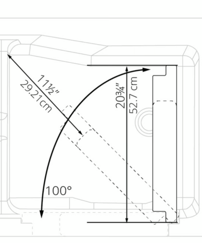 Clearance Ella Standard 30″x52” Acrylic Hydro Therapy Massage Walk-In Bathtub, RH door and drain, SN S00234 - 11a9f71e16f5d689 ella standard 30x52 walk in tub sn s00234 door swing diagram - Door swing diagram for the Ella Standard 30x52 walk-in tub showing the 100 degree opening and clearance measurements