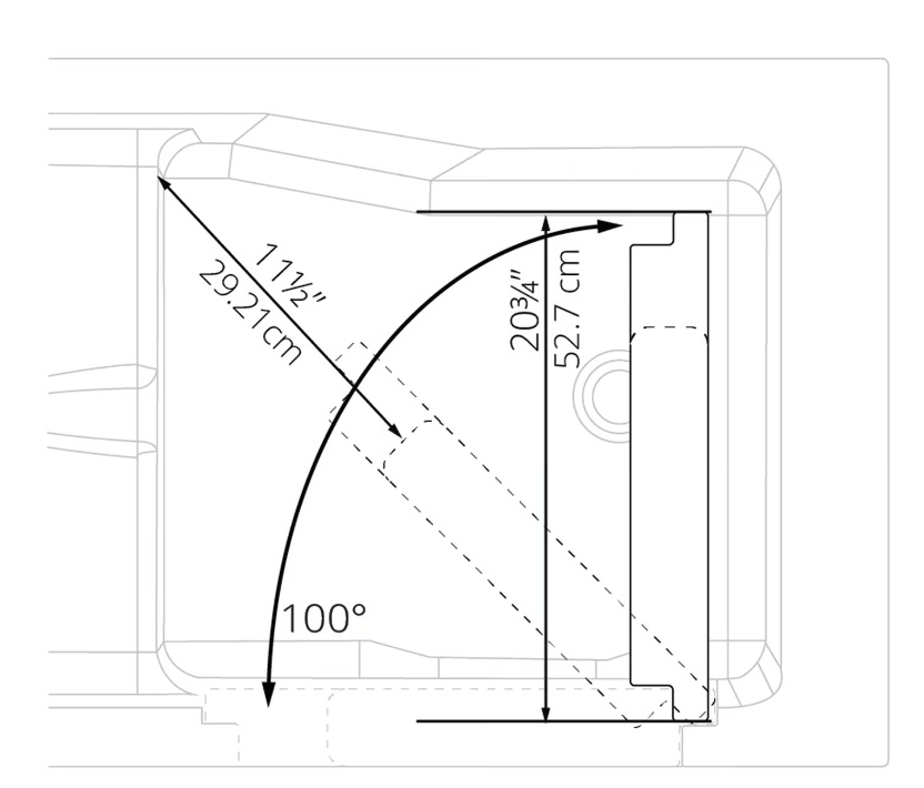Clearance Ella Standard 30″x52” Acrylic Hydro Therapy Massage Walk-In Bathtub, RH door and drain, SN S00234 - 11a9f71e16f5d689 ella standard 30x52 walk in tub sn s00234 door swing diagram - Door swing diagram for the Ella Standard 30x52 walk-in tub showing the 100 degree opening and clearance measurements
