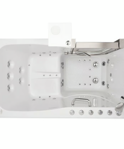 Top view of the Ella Ultimate 30x60 walk-in tub showing hydrotherapy jets, air massage outlets and contoured seat
