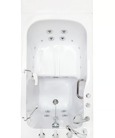 Clearance Ella Standard 30″x52” Acrylic Hydro Therapy Massage Walk-In Bathtub, RH door and drain, SN S00234 - 6cd94b5c3a9be1ab ella standard 30x52 walk in tub sn s00234 top view hydro jets - Front view into the Ella Standard 30x52 walk in tub showing its 18 hydrotherapy jets, grab bar and chrome fixtures