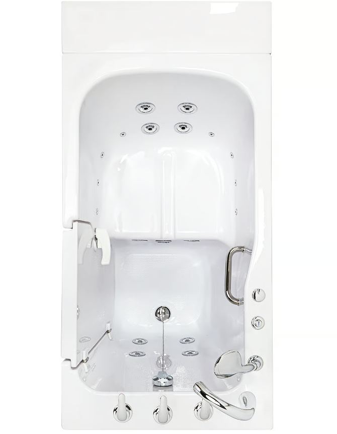 Clearance Ella Standard 30″x52” Acrylic Hydro Therapy Massage Walk-In Bathtub, RH door and drain, SN S00234 - 6cd94b5c3a9be1ab ella standard 30x52 walk in tub sn s00234 top view hydro jets - Front view into the Ella Standard 30x52 walk in tub showing its 18 hydrotherapy jets, grab bar and chrome fixtures