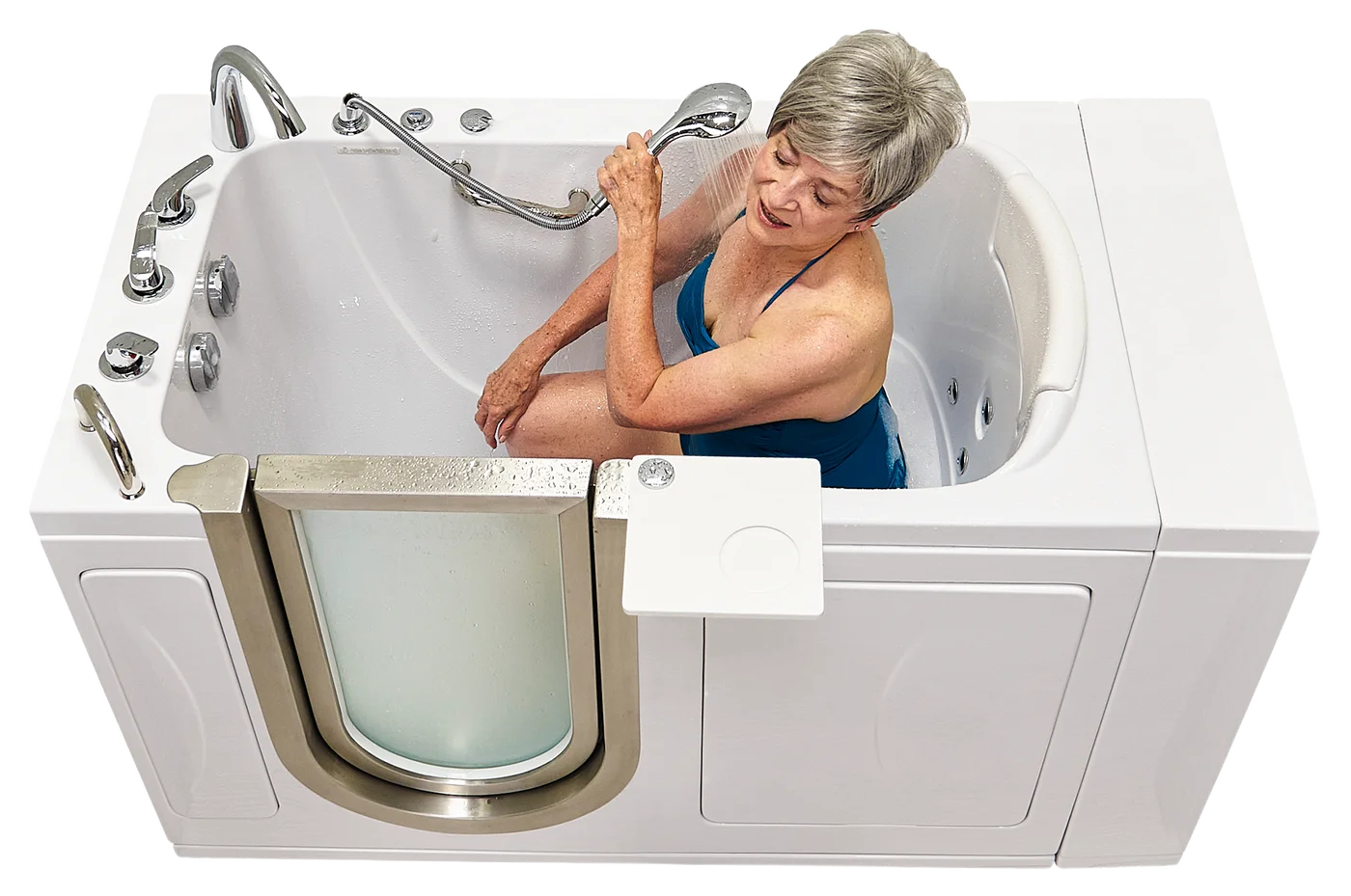 Woman relaxing in an Ella's Bubbles walk-in tub with hydrotherapy jets running