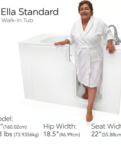 Clearance Ella Standard 30″x52” Acrylic Hydro Therapy Massage Walk-In Bathtub, RH door and drain, SN S00234 - 95a2e4466932b362 ella standard 30x52 walk in tub sn s00234 bather seat width - Ella Standard walk-in tub fit guide with a 5 foot 3 inch bather standing inside the 22 inch wide seat area