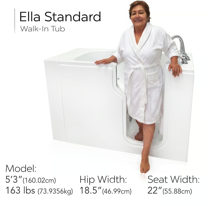 Clearance Ella Standard 30″x52” Acrylic Hydro Therapy Massage Walk-In Bathtub, RH door and drain, SN S00234 - 95a2e4466932b362 ella standard 30x52 walk in tub sn s00234 bather seat width - Ella Standard walk-in tub fit guide with a 5 foot 3 inch bather standing inside the 22 inch wide seat area