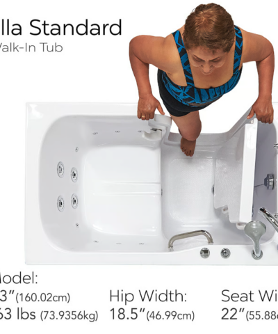 Clearance Ella Standard 30″x52” Acrylic Hydro Therapy Massage Walk-In Bathtub, RH door and drain, SN S00234 - 98541815644e41b0 ella standard 30x52 walk in tub sn s00234 overhead bather - Overhead fit guide for the Ella Standard walk in tub showing a 5 foot 3 inch bather, 18.5 inch hip and 22 inch seat width
