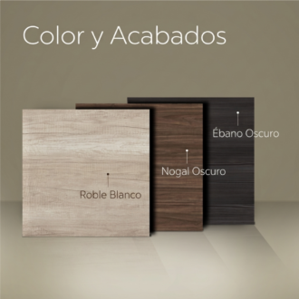 Tres muestras de acabado de paneles de pared para ducha accesible que muestran texturas de madera Roble Blanco, Nogal Oscuro y Ébano Oscuro