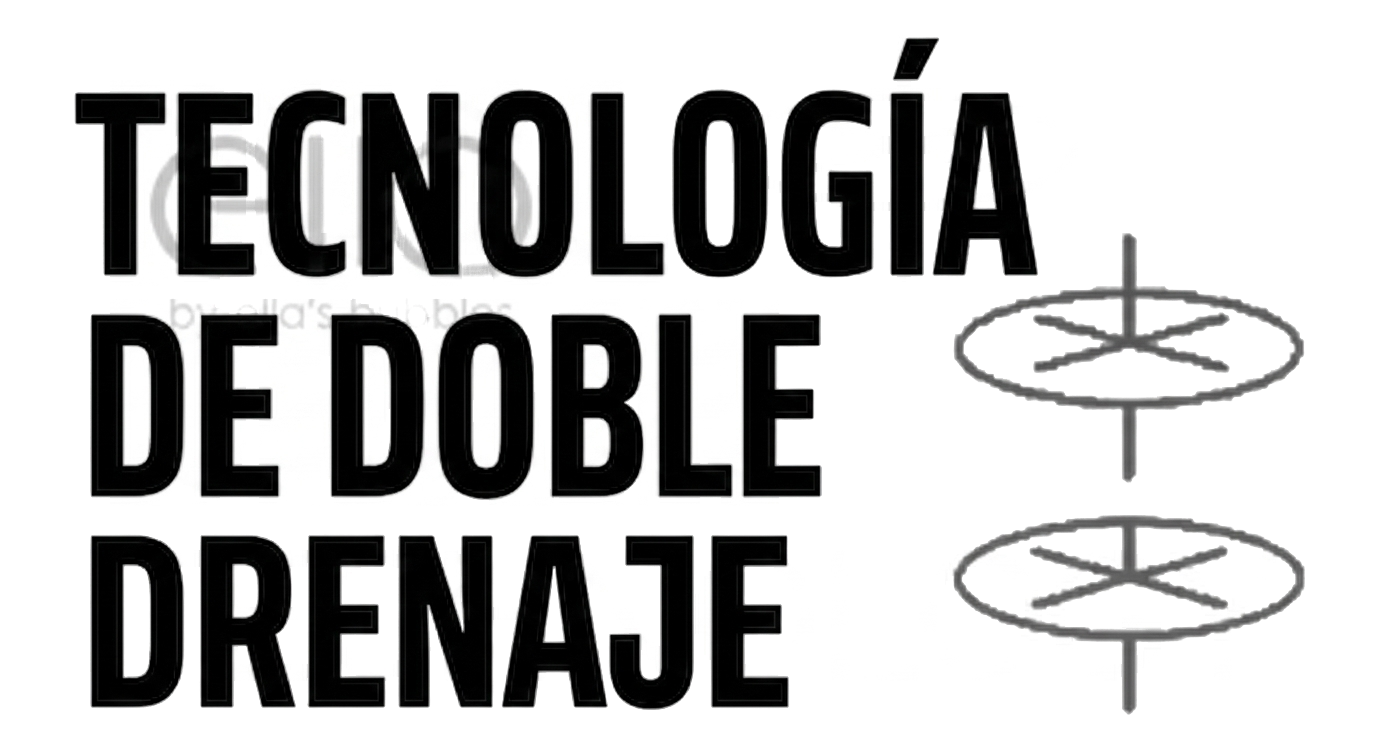 Logotipo de la tecnología Dual Drain para las bañeras con puerta de Ella's Bubbles con dos iconos de drenaje