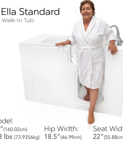 Woman in white robe standing in Ella Standard Walk-In Tub with door open, showing dimensions and model specifications