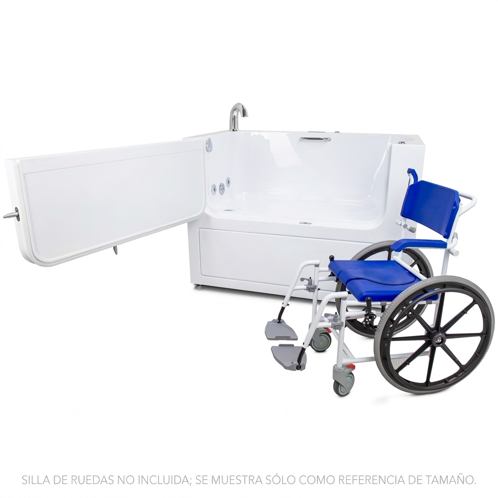 Bañera de Transferencia Ella HomeCare con Tanque de Llenado Rápido de 2 Minutos 32" x 60" (81x152 cm) - homecare transfer bathtub ellas bubbles 32x60 outswing door es - Bañera de acceso lateral para transferencia HomeCare 32x60 de Ella's Bubbles con puerta ancha de apertura hacia fuera, junto a una silla de ruedas azul para escala