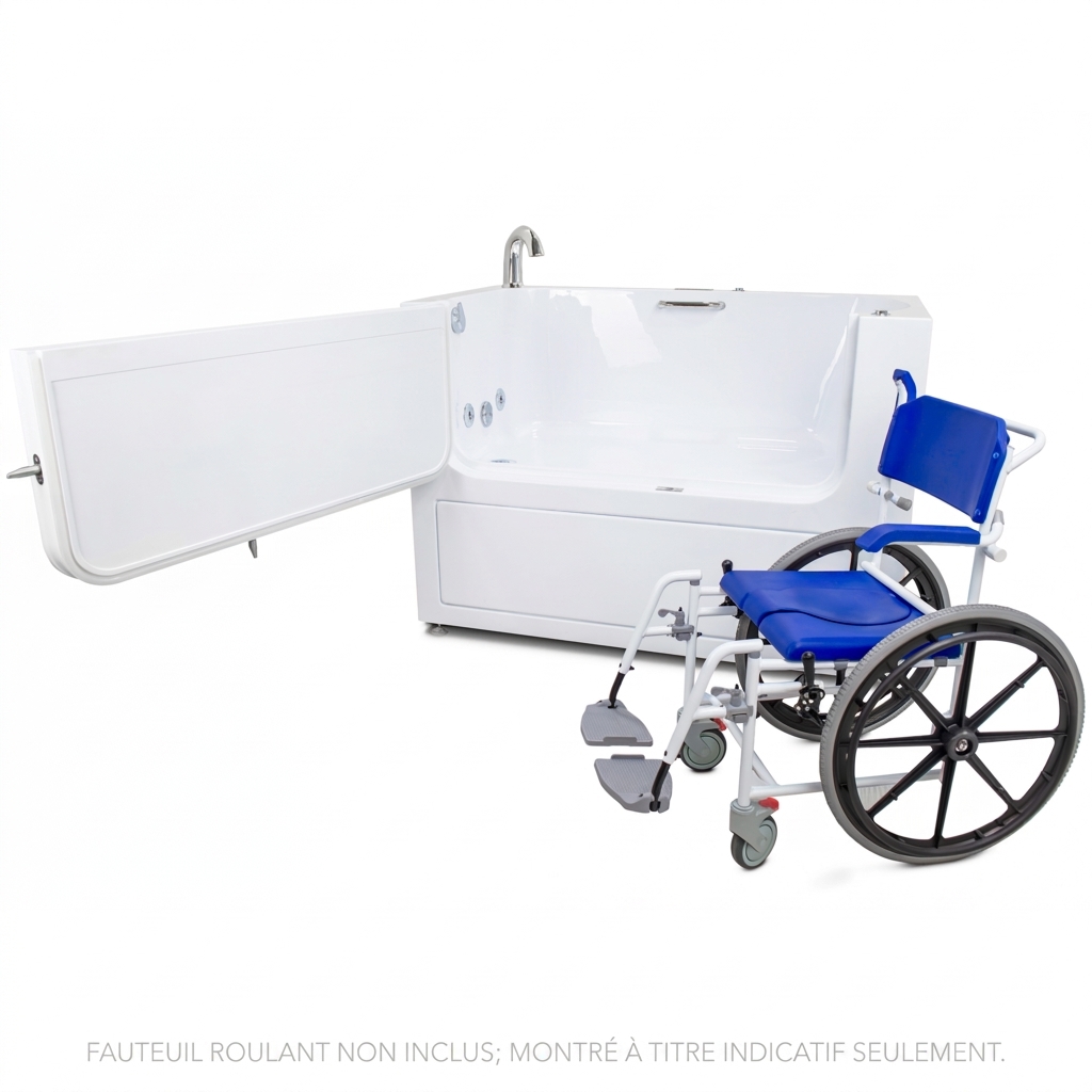 Baignoire de transfert Ella HomeCare avec réservoir d'eau à remplissage rapide en 2 minutes 32" x 60" (81x152 cm) - homecare transfer bathtub ellas bubbles 32x60 outswing door fr - Baignoire à porte de transfert Ella’s Bubbles 32x60 HomeCare avec large porte à ouverture extérieure à côté d’un fauteuil roulant bleu pour l’échelle