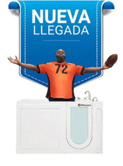 Hombre con camiseta de fútbol americano sosteniendo un balón de fútbol de pie detrás de una bañera con puerta Ella Big4One de reciente llegada con entrada por puerta lateral