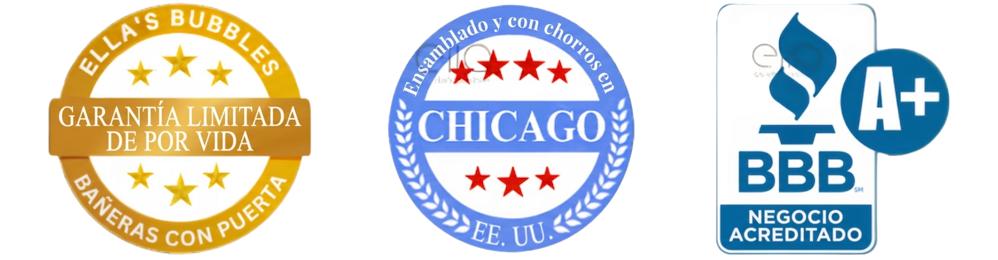 Insignias de confianza de las bañeras con puerta de Ella's Bubbles: garantía limitada de por vida, ensambladas en Chicago, EE. UU., y empresa acreditada A+ por BBB