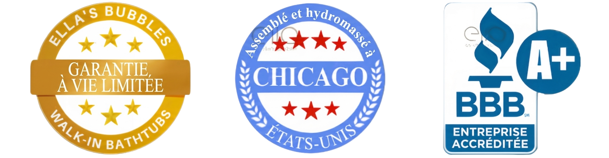 Badges de confiance des baignoires à porte Ella’s Bubbles : garantie à vie limitée, assemblées à Chicago, États-Unis, et entreprise accréditée BBB A+
