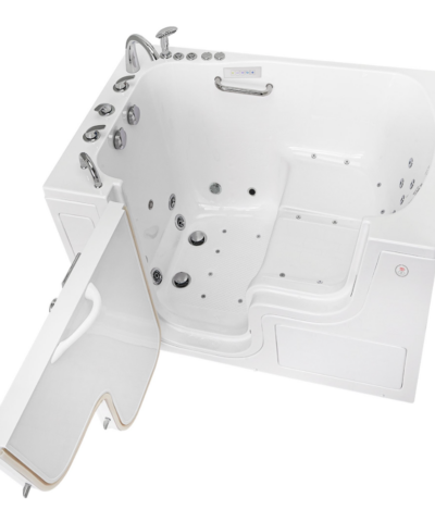 Ella TransferXXL 36x55 walk-in tub with outward swing door open, LH door and drain