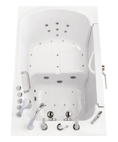 Ella TransferXXL walk-in tub interior with 29 inch wide seat and 2 inch dual drains