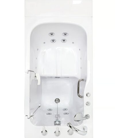 Top view of an Ella Standard walk in tub showing the hydro jet layout, seat and open door