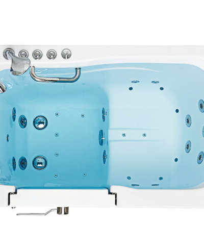 Water filled Capri walk in tub seen from above with hydro and air jets ready